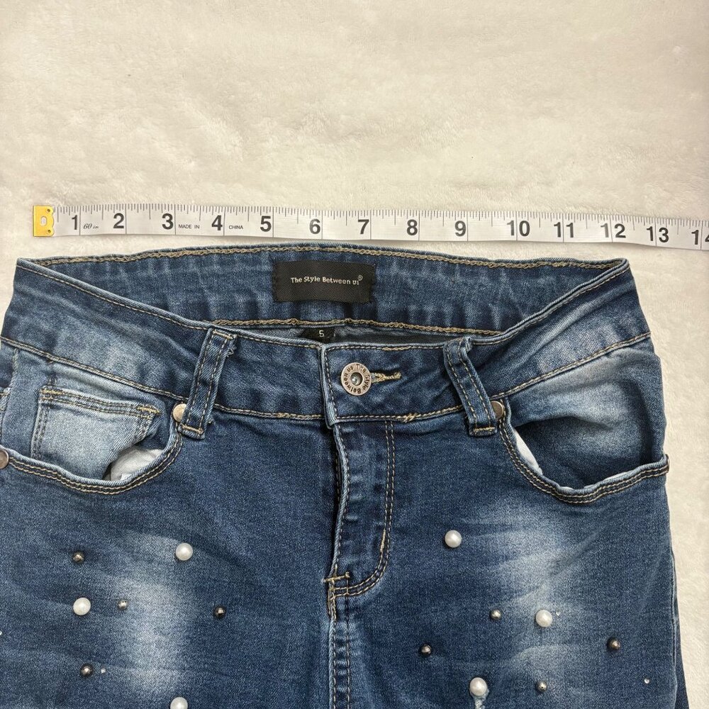 Y2K Glam Distressed Low Rise Skinny Jeans w/ Pearl & Sequin McBling 2000s Size 5 - Picture 6 of 7